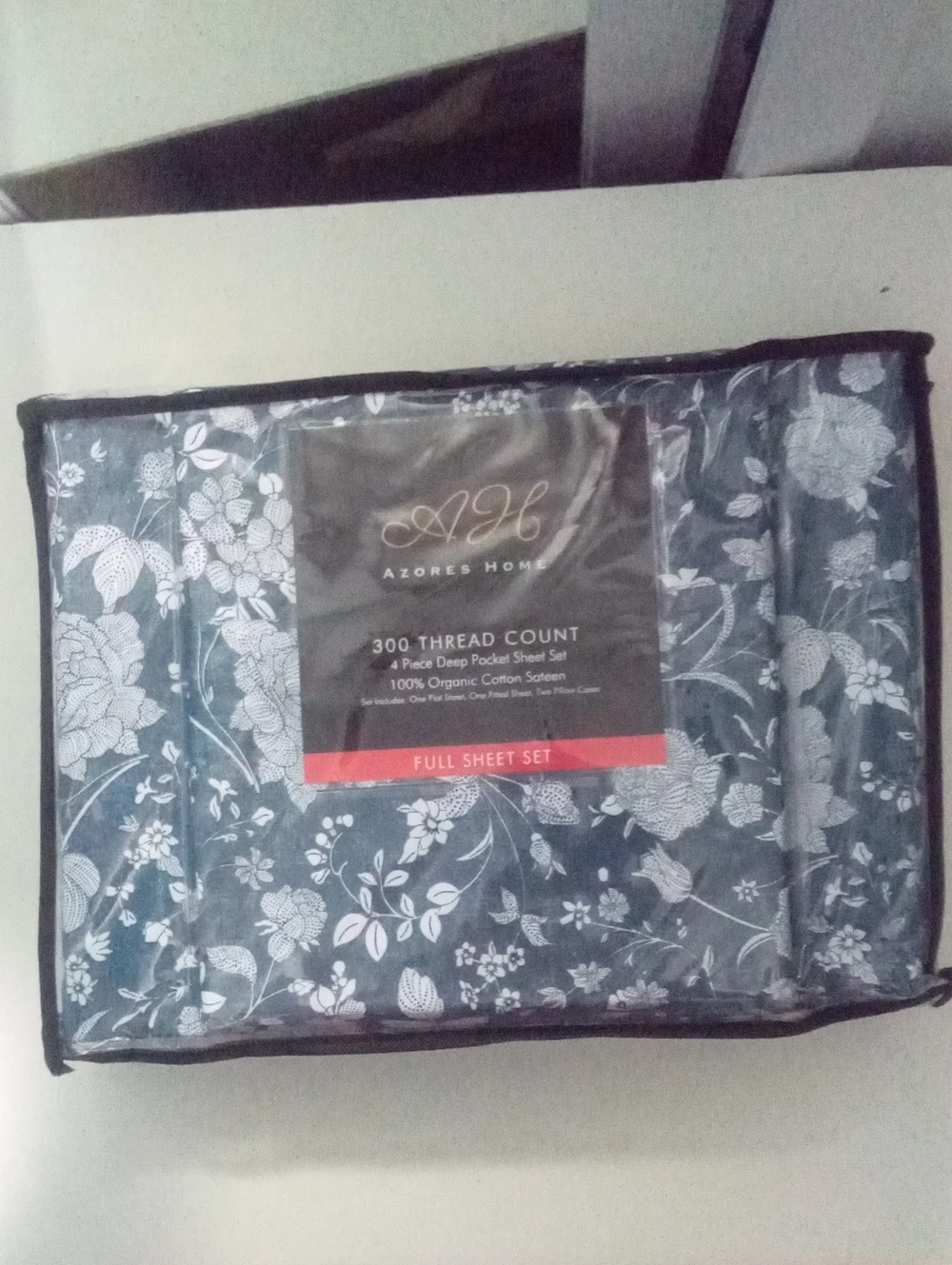Azores Home Full Sheet Set NWT $199.99 Navy Floral 100% Organic Cotton